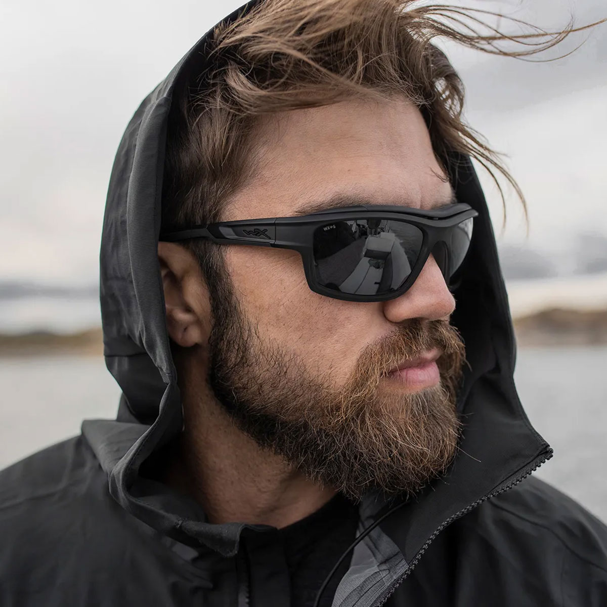Man wearing Wiley X Ozone Sunglasses with Polarized Gray Lenses