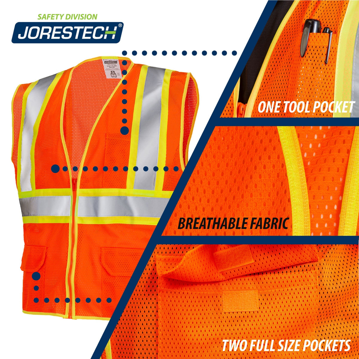 Jorestech Printed Hi-Vis Two-Toned Mesh Safety Vest with 2” Reflective Strips and Pockets - Orange