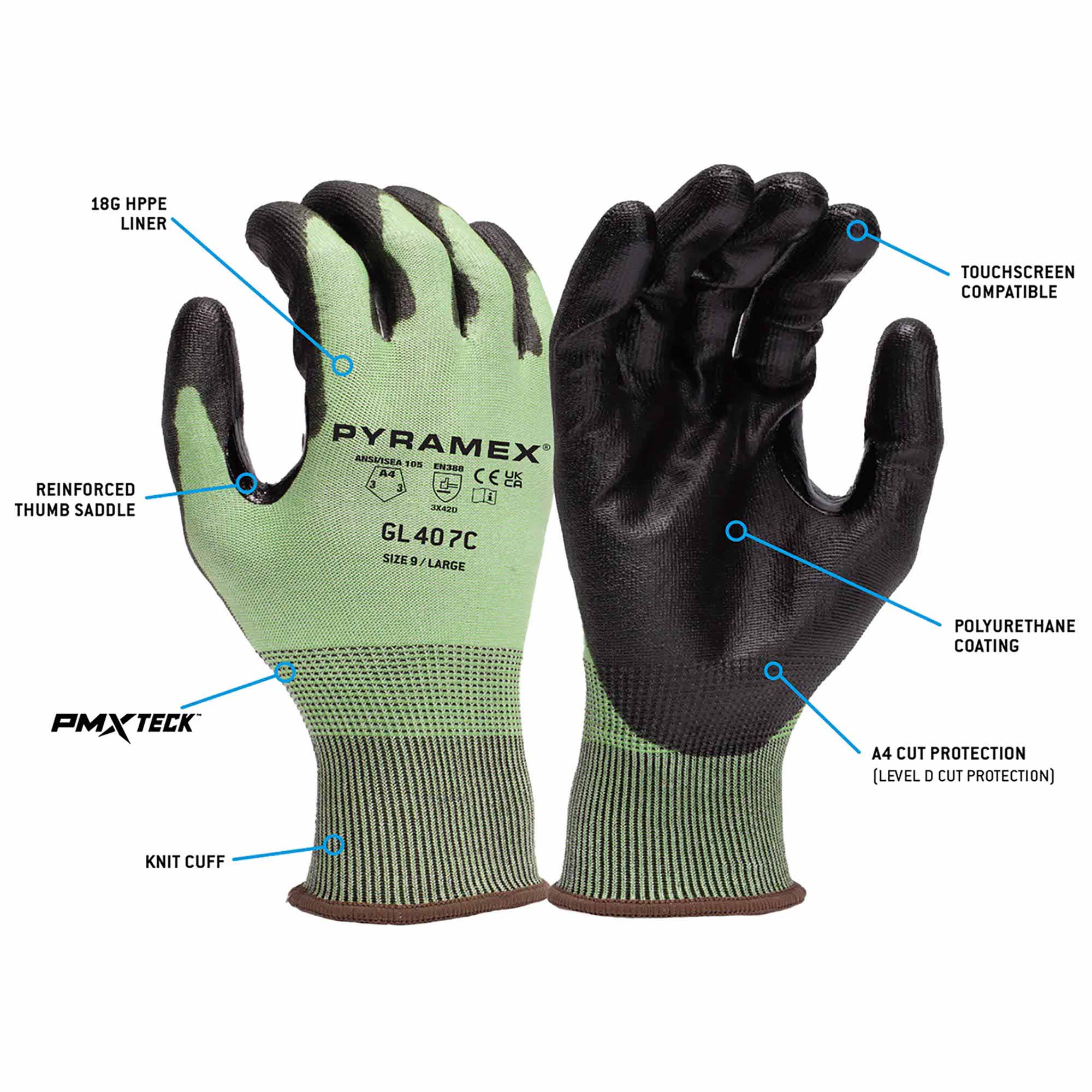 Pyramex GL407C A4 Cut-Resistant Polyurethane Gloves-Safety Glasses USA-2