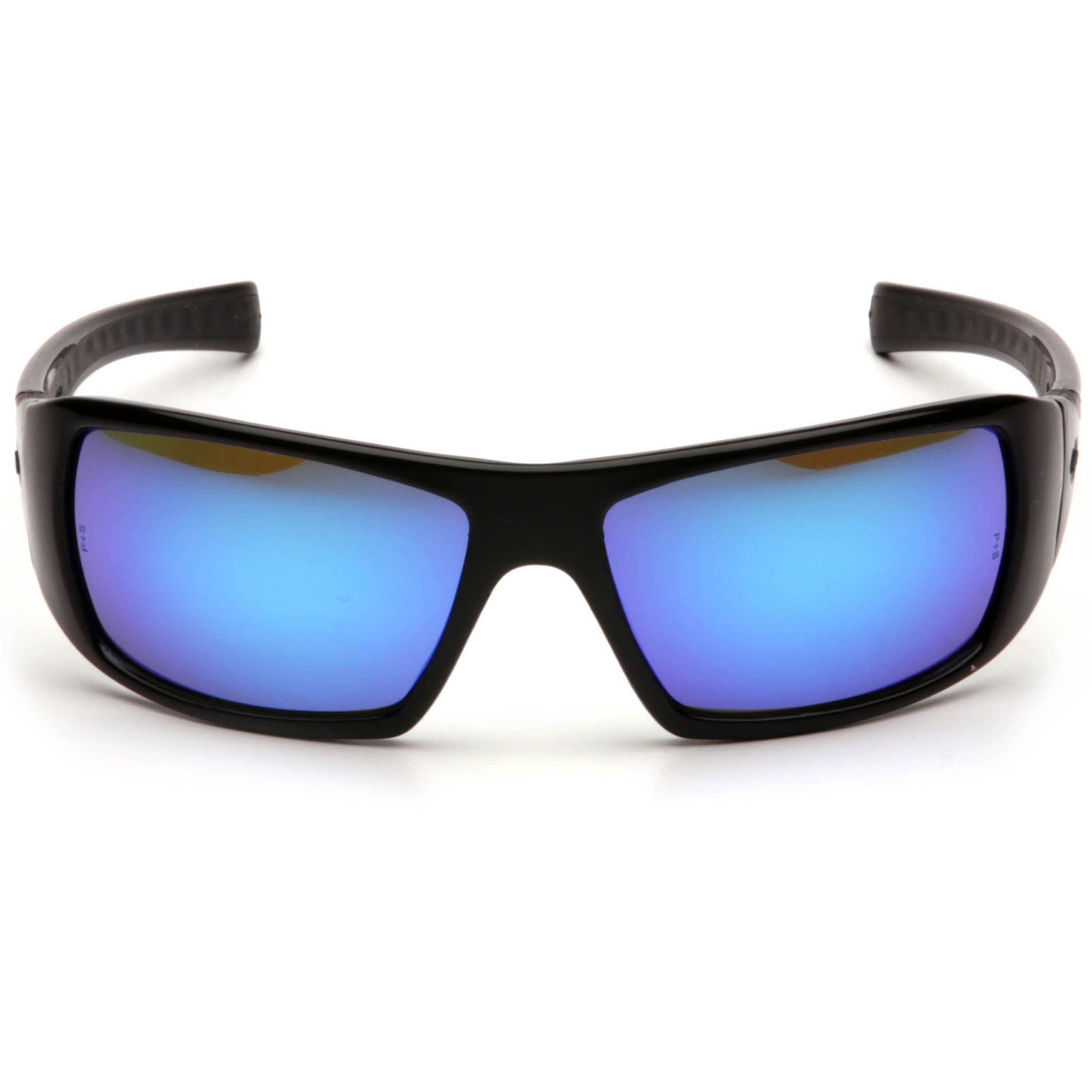 Pyramex SB5665D Goliath Safety Glasses with Black Frame and Ice Blue Mirror Lenses Front Lenses View