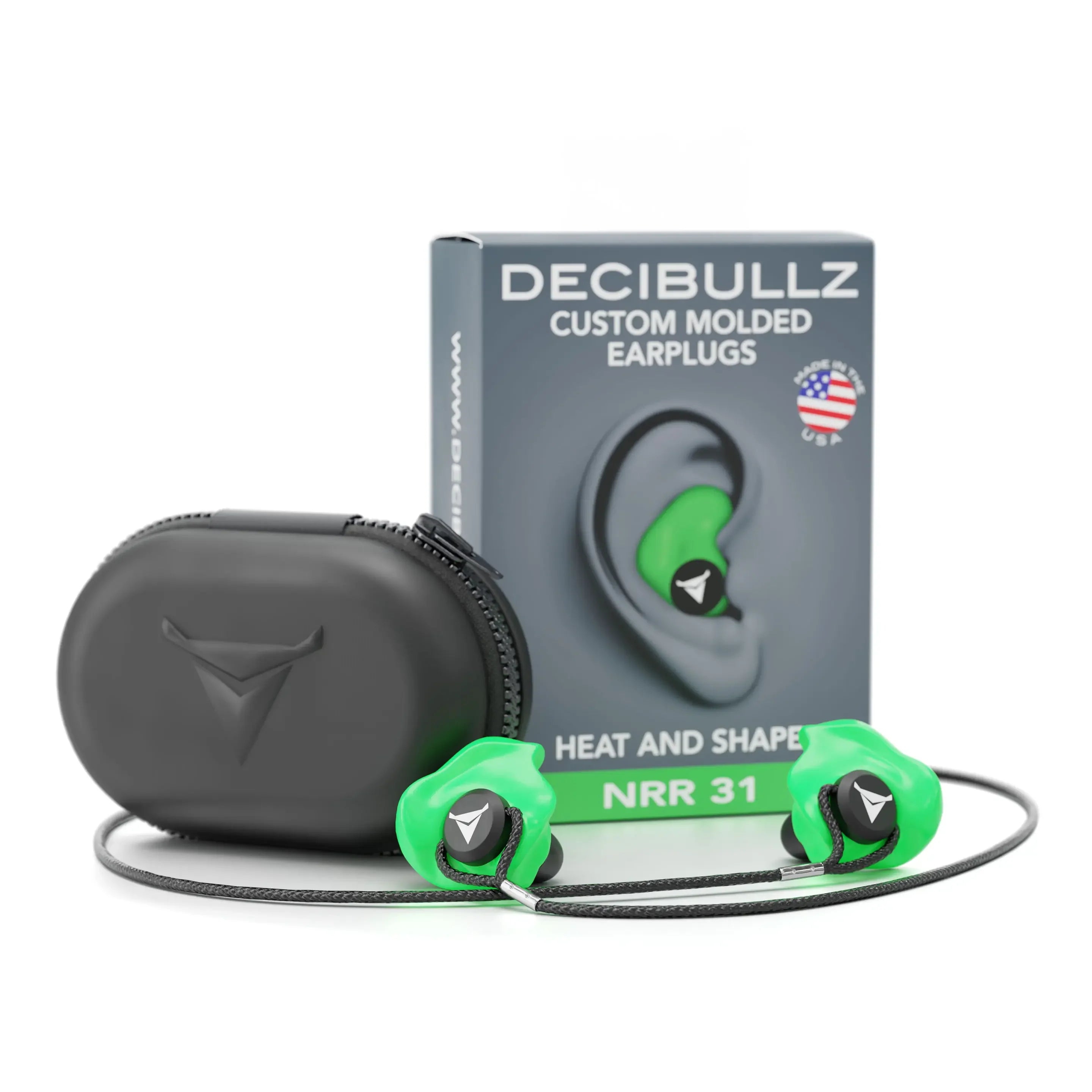 Decibullz Custom Molded Earplugs 31dB NRR Pro-Pack with Case and Lanyard-WO-PRO-PACK-GRN-Green-Safety Glasses USA-25