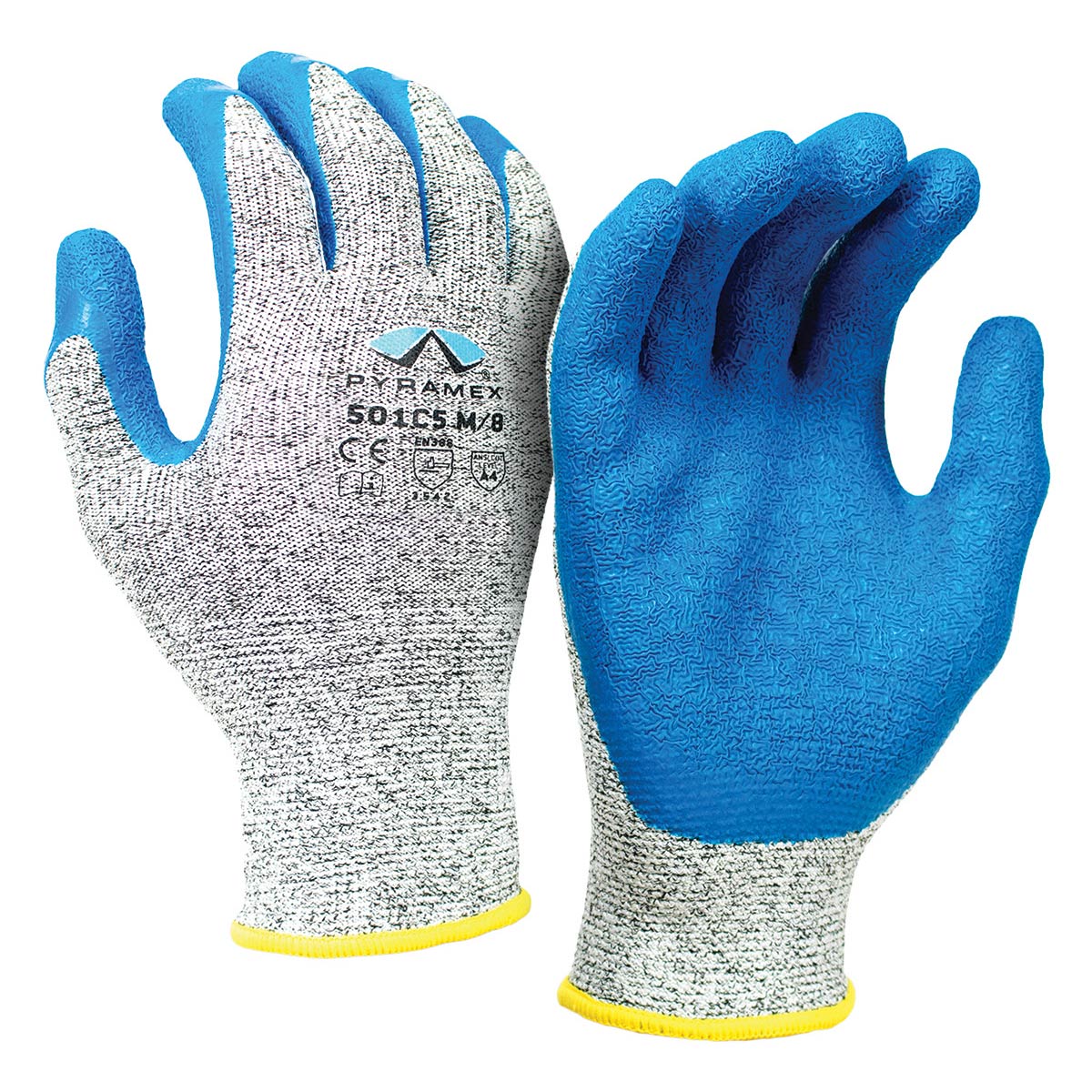 A pair of Pyramex GL501C5 knit work gloves with blue-coated palms and backs, gray knit fingers, and yellow trim at the cuffs, shown on a white background.
