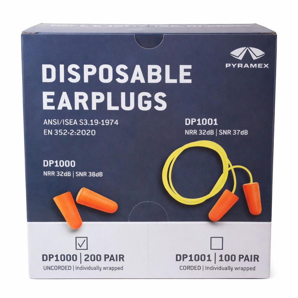 Pyramex Disposable Earplugs retail box showing DP1000 and DP1001 models, with orange and yellow earplugs pictured on a dark blue and white package.