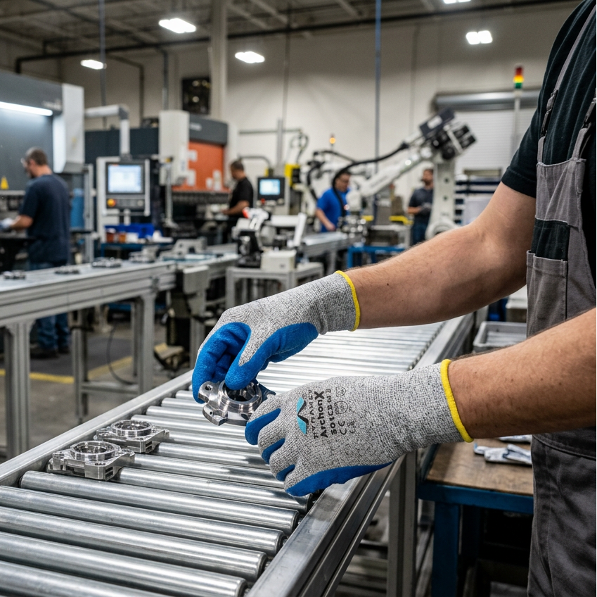 A worker in a manufacturing facility wearing Pyramex GL501C5 gray knit work gloves with blue and yellow palms and cuffs, handling small metal parts on a roller conveyor belt. Industrial machinery and other workers are visible in the background.