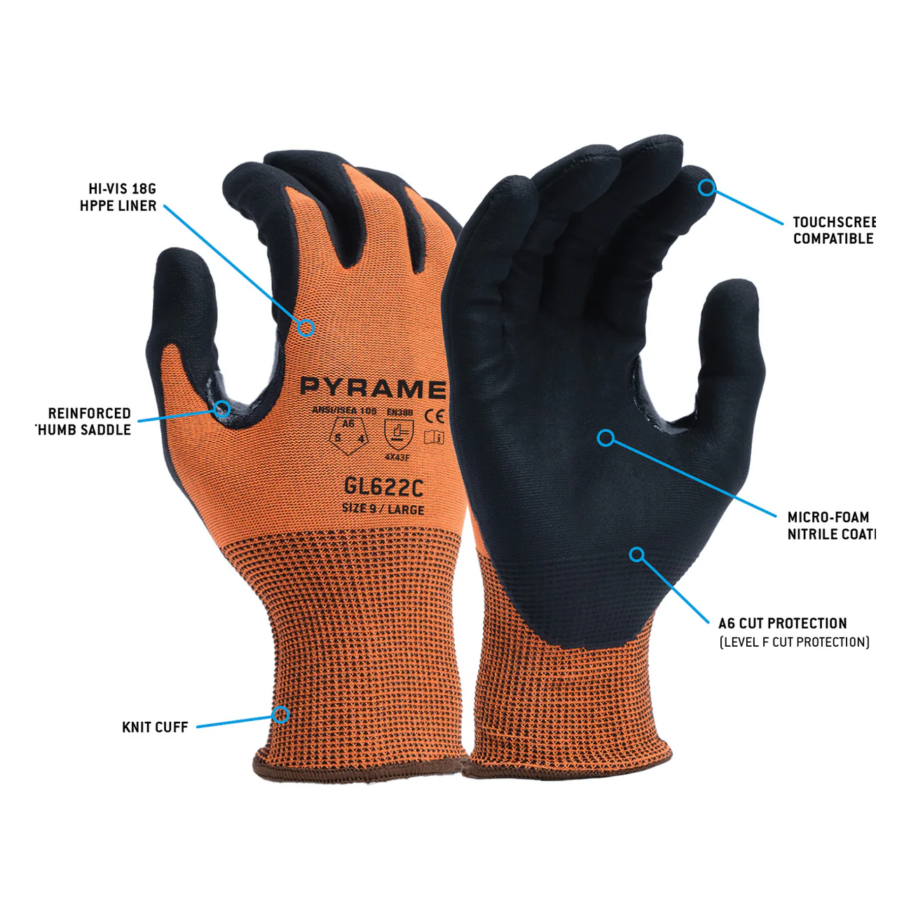 Pyramex GL622C A6 Cut-Resistant Micro-Foam Nitrile Gloves-Safety Glasses USA-2