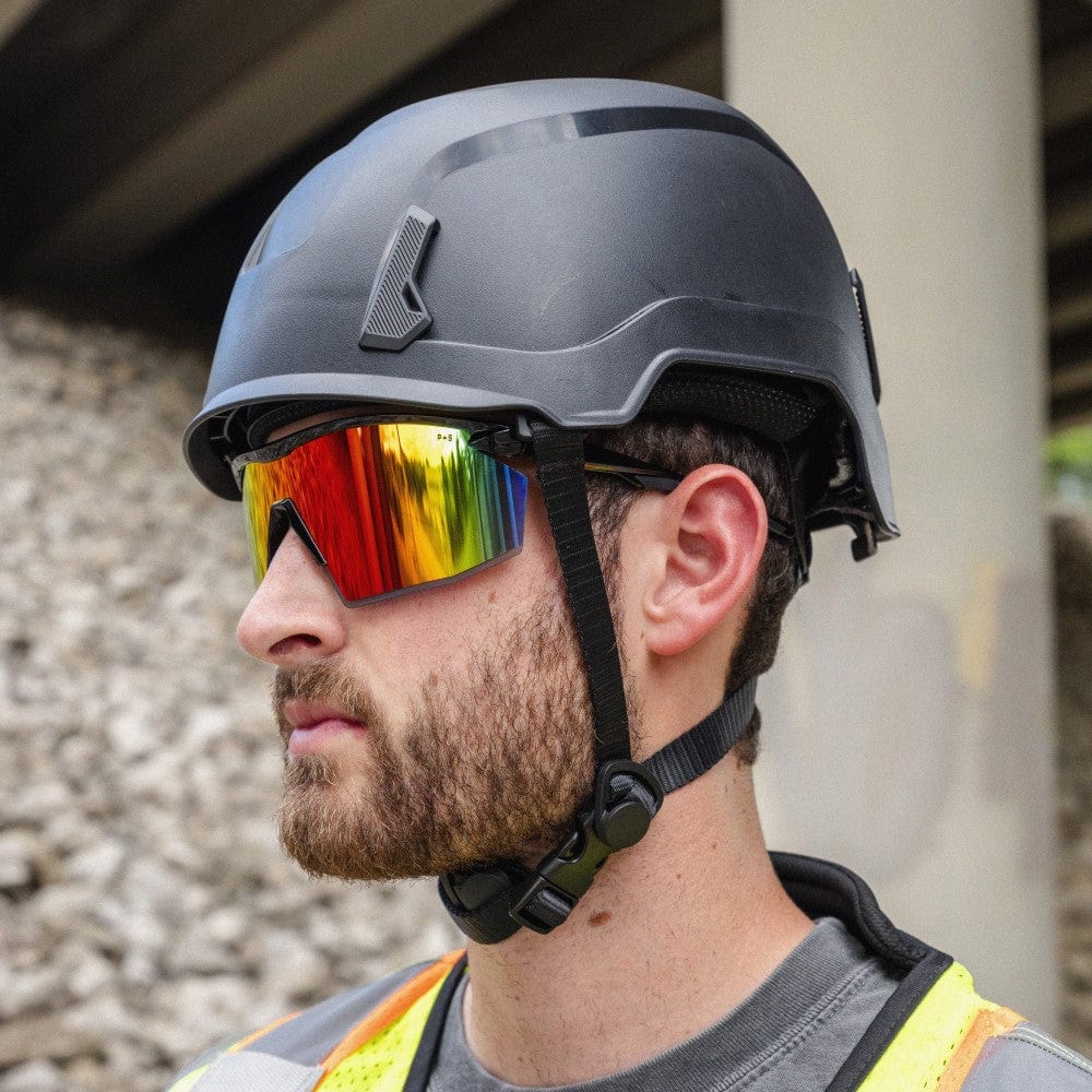 Pyramex SL T2 Safety Helmet Type 2 Non-Vented Black worn on construction site with PMXSpecs