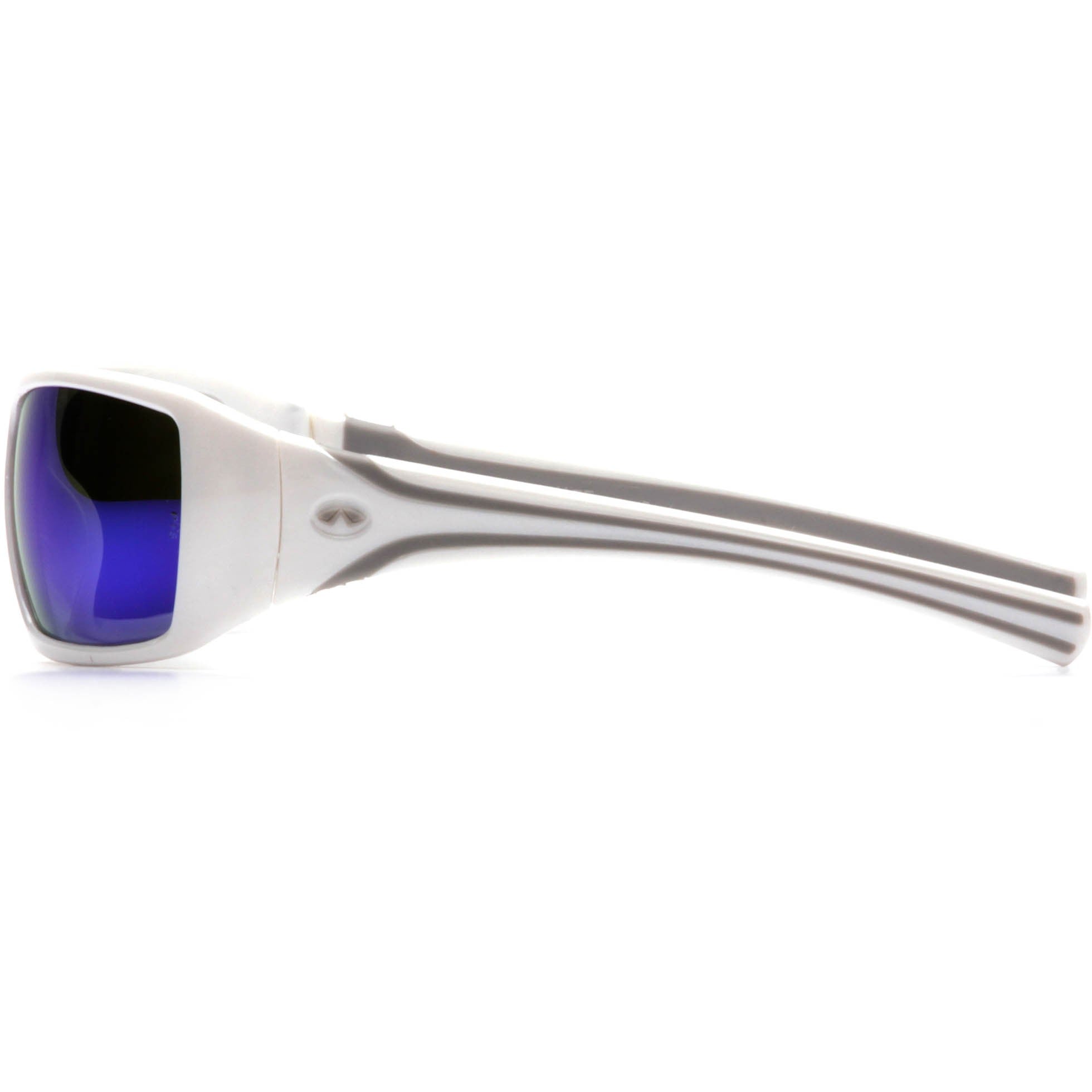 Pyramex SW5665D Goliath Safety Glasses - White Frame - Blue Mirror Lenses Left Temple View