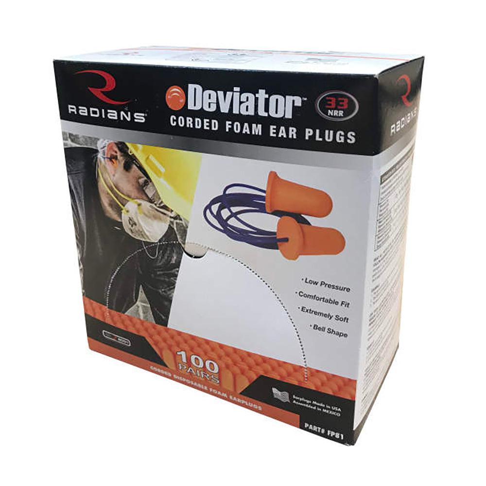 Radians Deviator FP81 Disposable Foam Earplugs Corded Box of 100 Made in USA