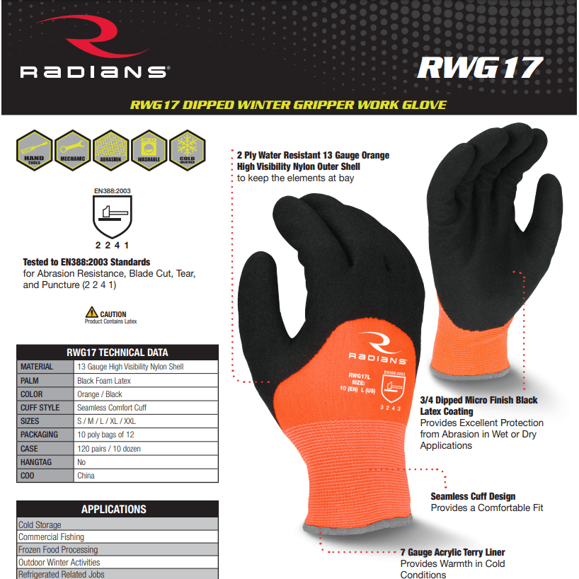 Radians RWG17 Cold Weather Gloves Detailed Specs