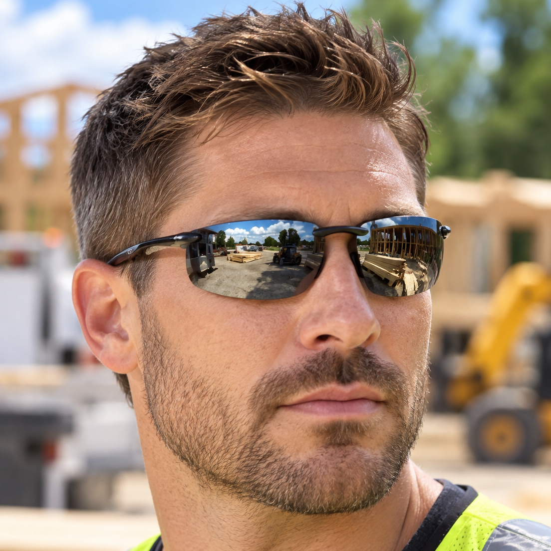 Construction worker wearing the Crossfire ES4 Polarized Safety Glasses with Silver Mirror Lenses on a construction site.
