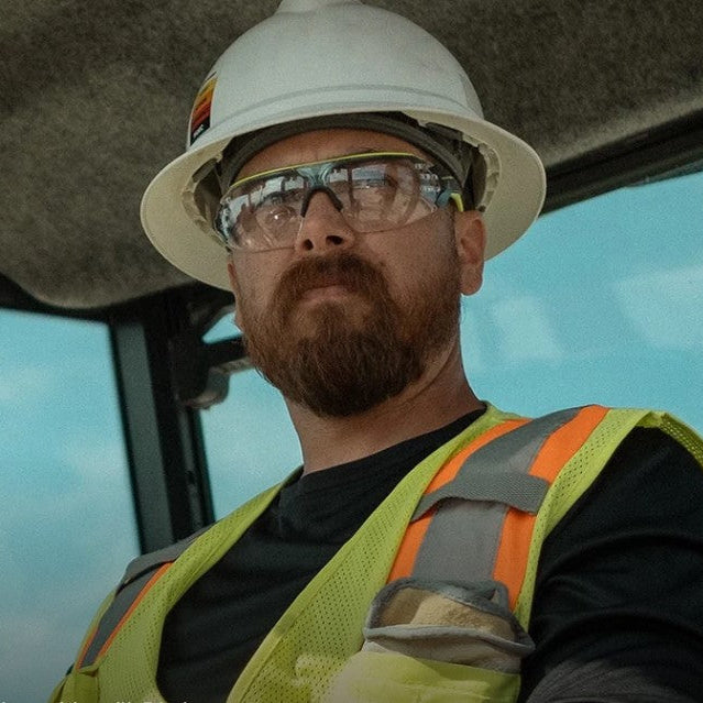 Edge Taven Safety Glasses worn with a hard hat