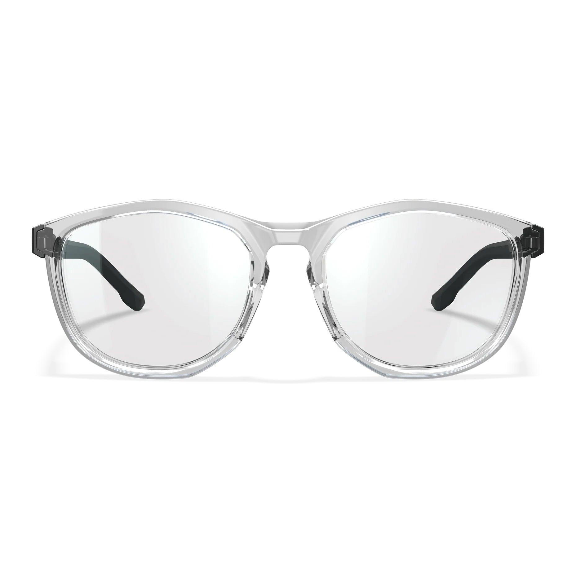 Wiley X Bravo Worksight prescription safety glasses with clear Triloid™ nylon frame and black temples.