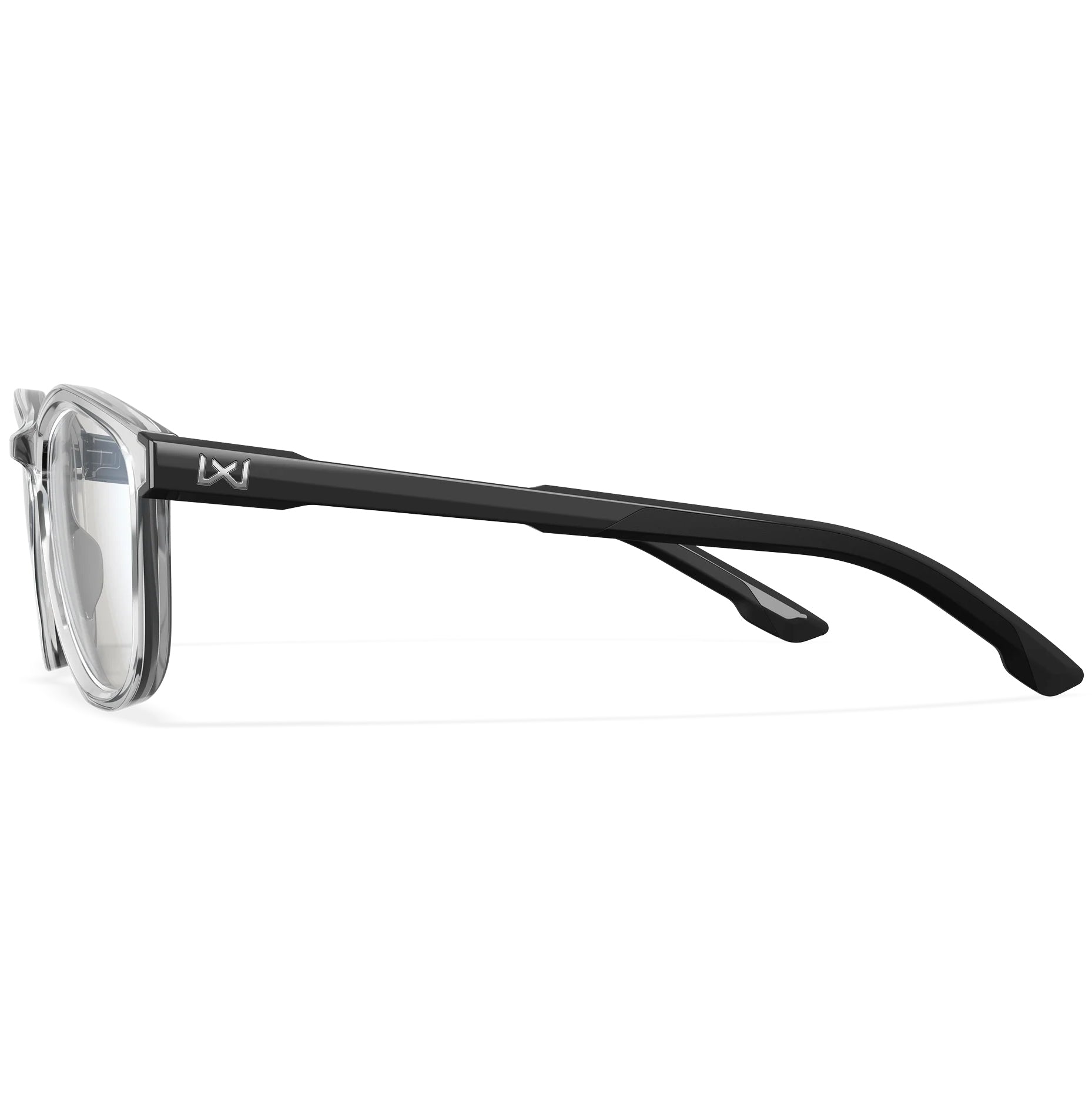 Wiley X Bravo Worksight prescription safety glasses with clear Triloid™ frame and black temples.