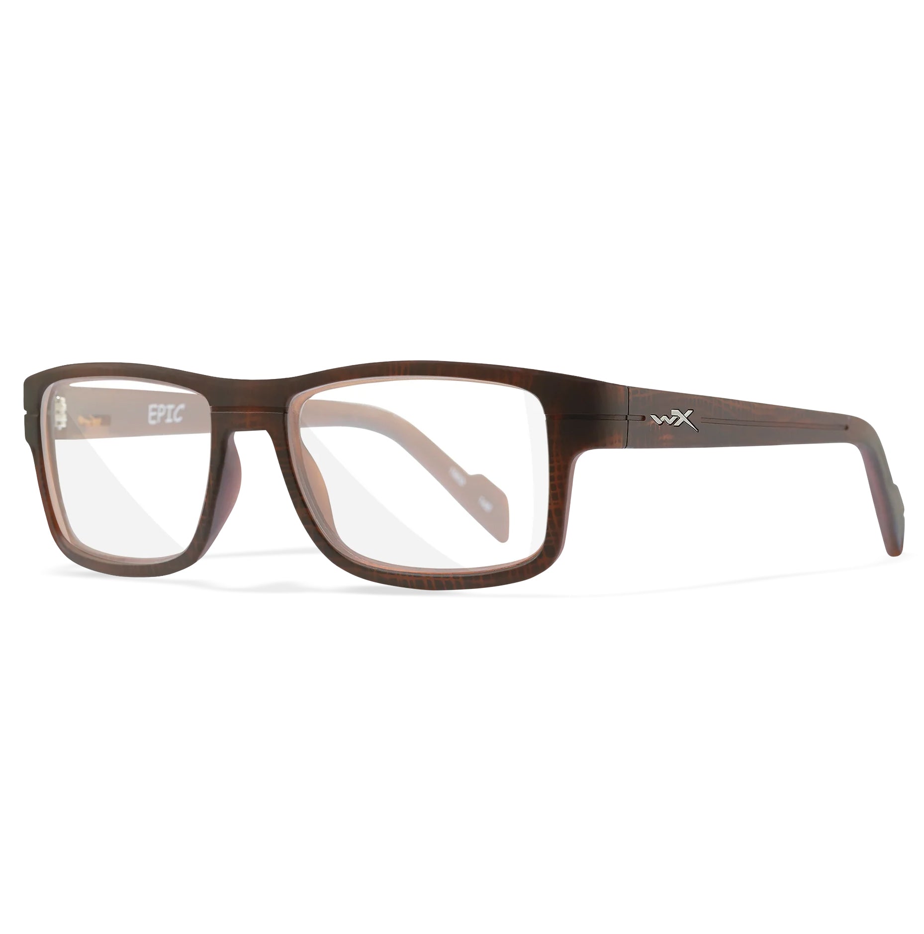Wiley X Epic prescription safety glasses in hickory brown Triloid nylon with clear lenses.
