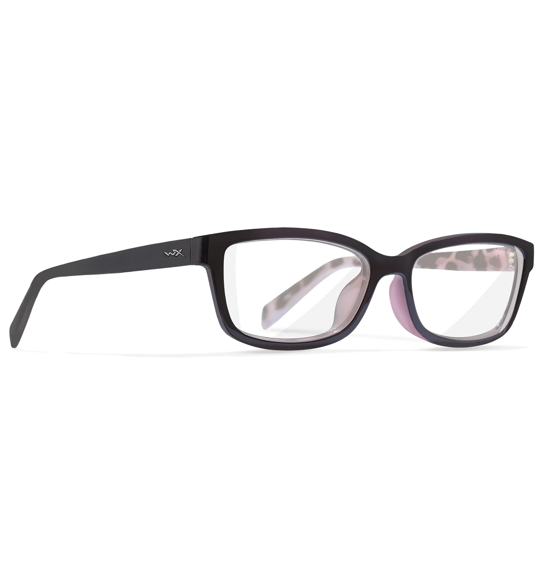 Wiley X Virtue Worksight black prescription safety glasses with clear lenses and pink leopard print temples.