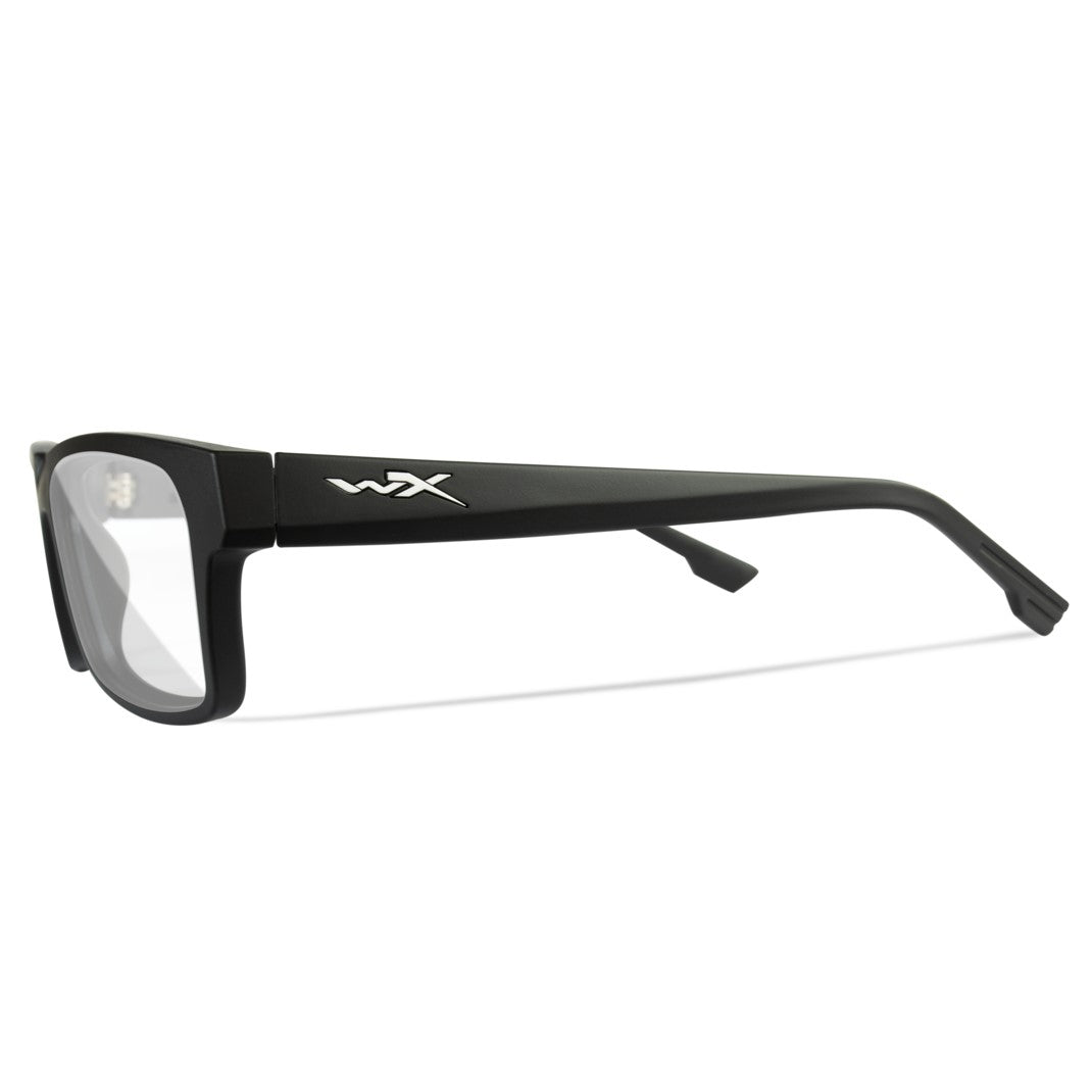 Black Wiley X Profile Worksight prescription safety glasses with clear lenses and a matte Triloid nylon frame.