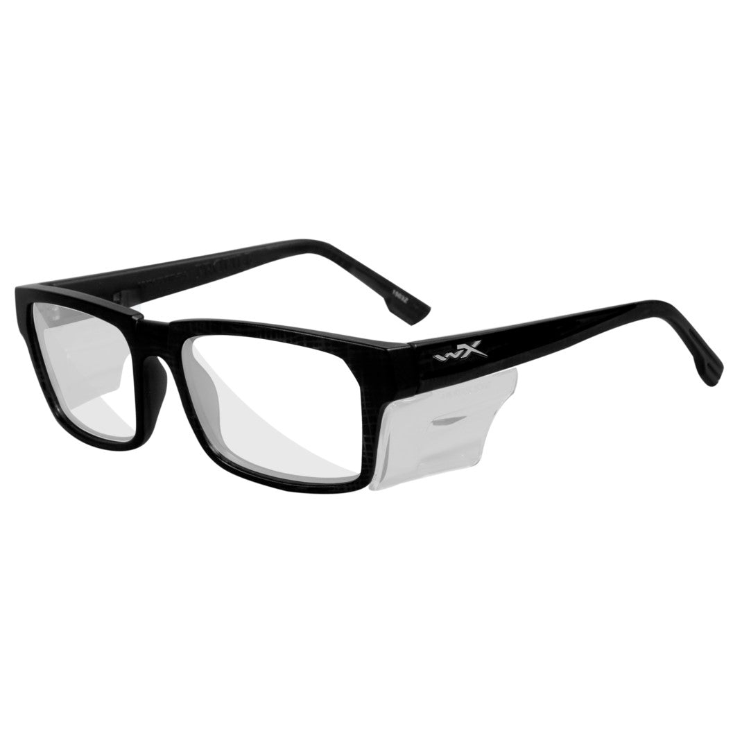 Black Wiley X Profile Worksight prescription safety glasses with clear lenses and removable side shields.