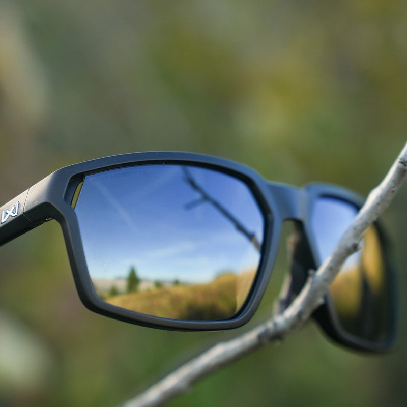 Wiley X Sierra Safety Sunglasses hanging on a tree branch in the mountains