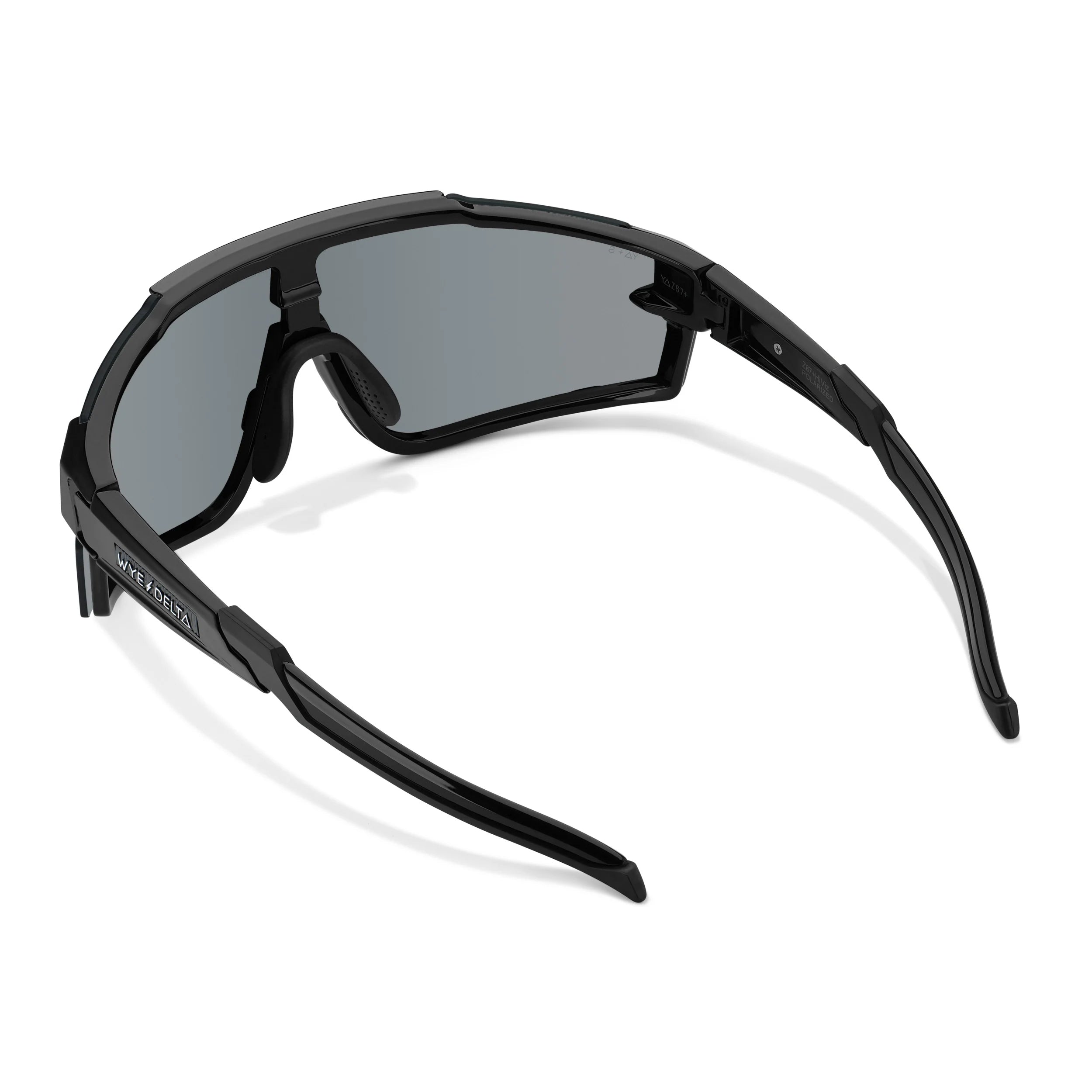 Wye Delta Z87+ safety glasses with black frames, polarized mirror lenses, and a wraparound athletic design.