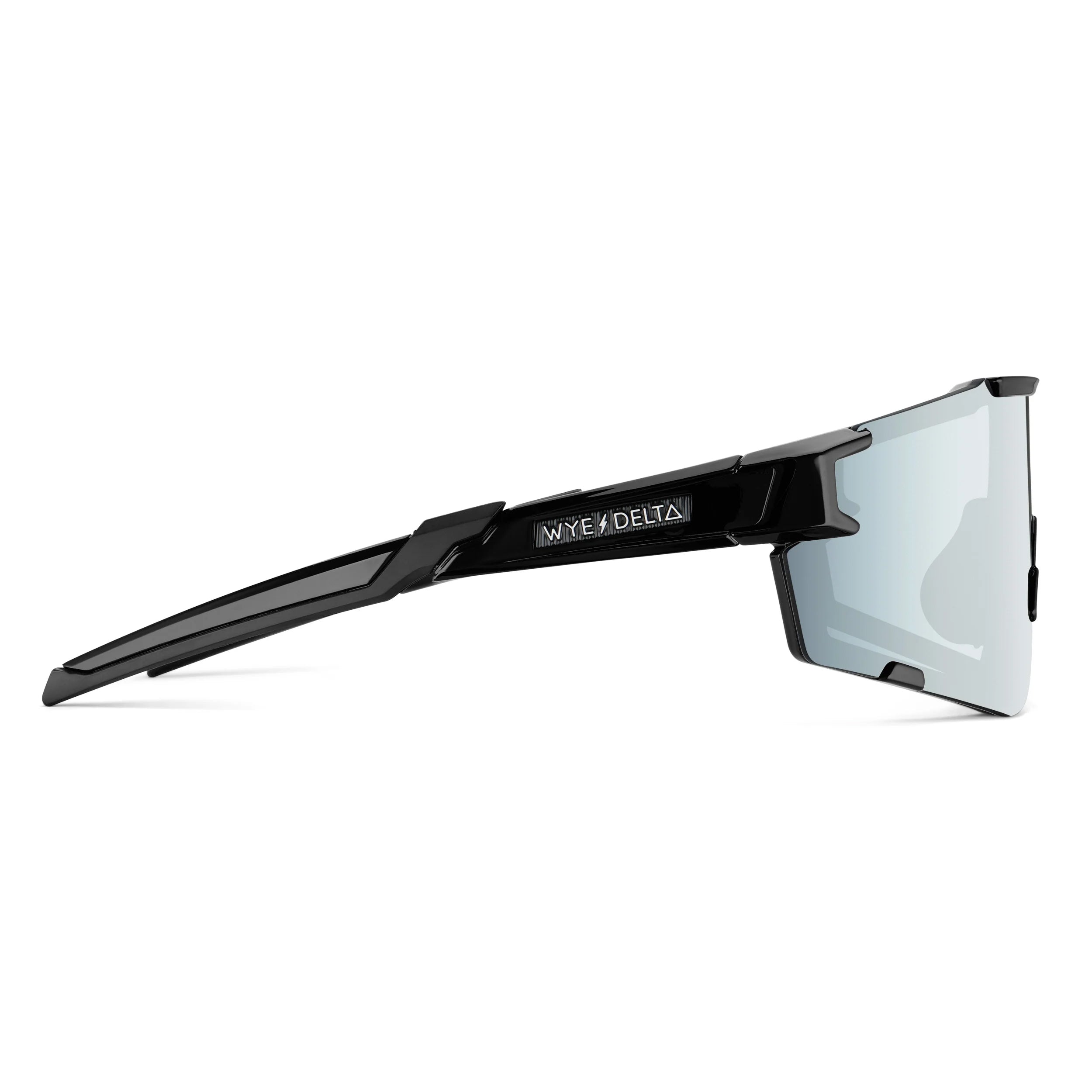 Wye Delta Z87+ safety glasses with black frames and reflective mirror polarized lenses in a sleek, wrap-around style.