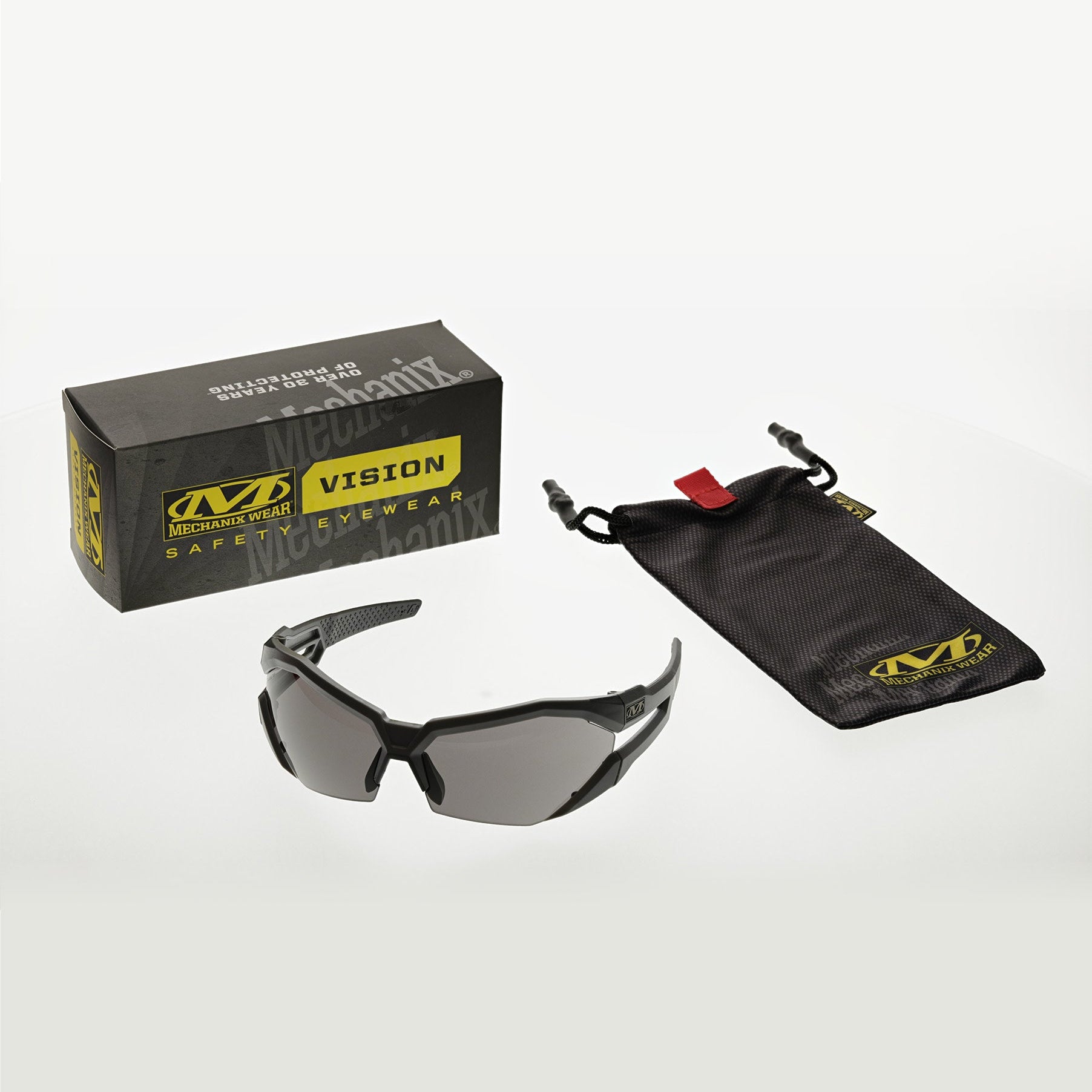 Mechanix Wear Type-V Safety Glasses VVS-20AH-BU with Grey Frame and Smoke Anti-Fog Lenses Box Contents