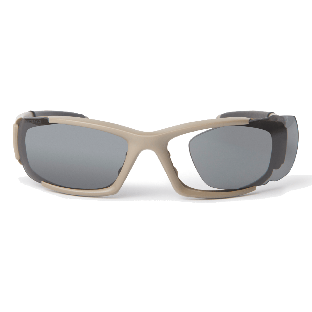 ESS CDI Ballistic Sunglasses with Terrain Tan Frame and Clear and Smoke Lenses Front View with Lens Partially Removed