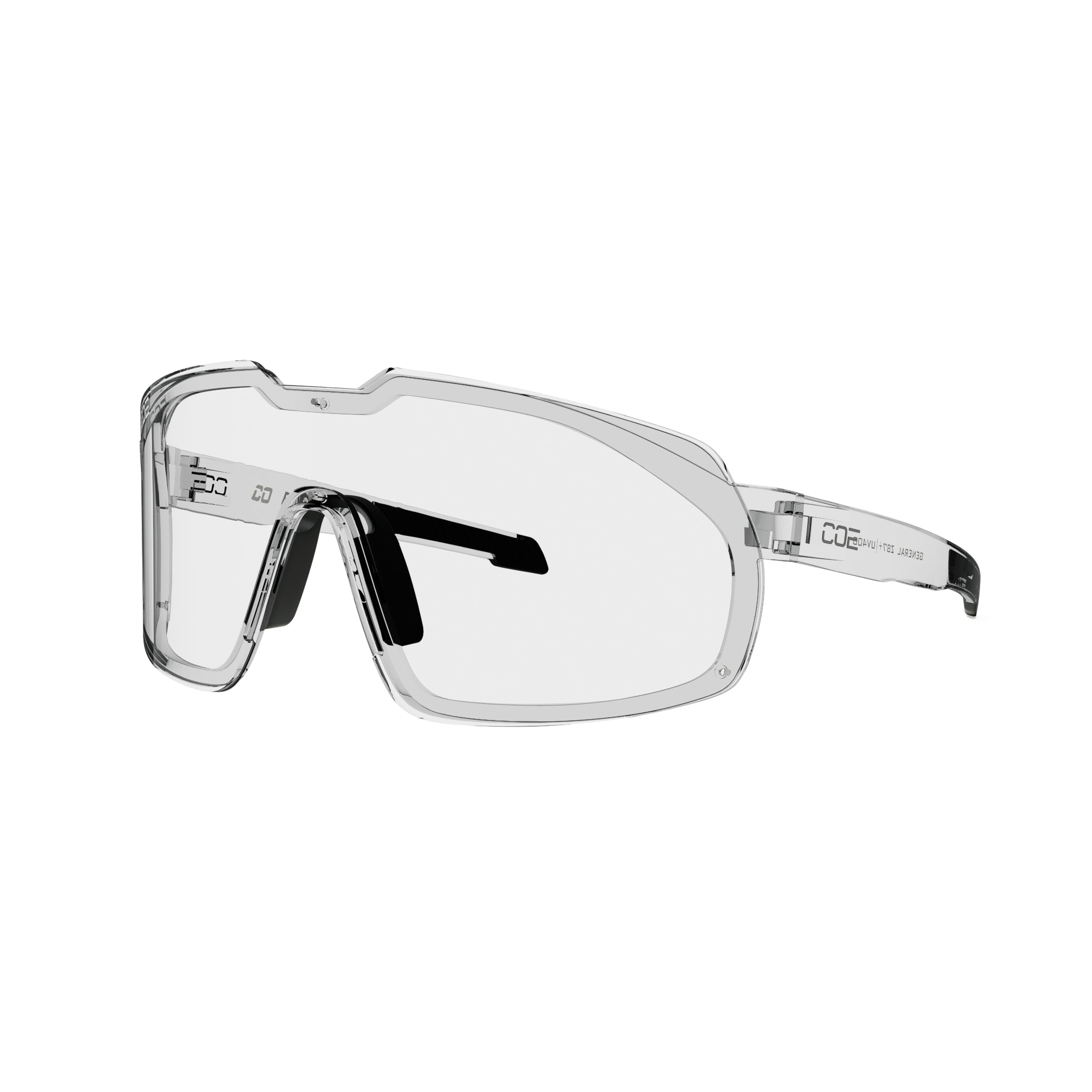 Co Eyewear General Z87+ safety glasses featuring a clear frame, wraparound lens, and black temple tips on white.