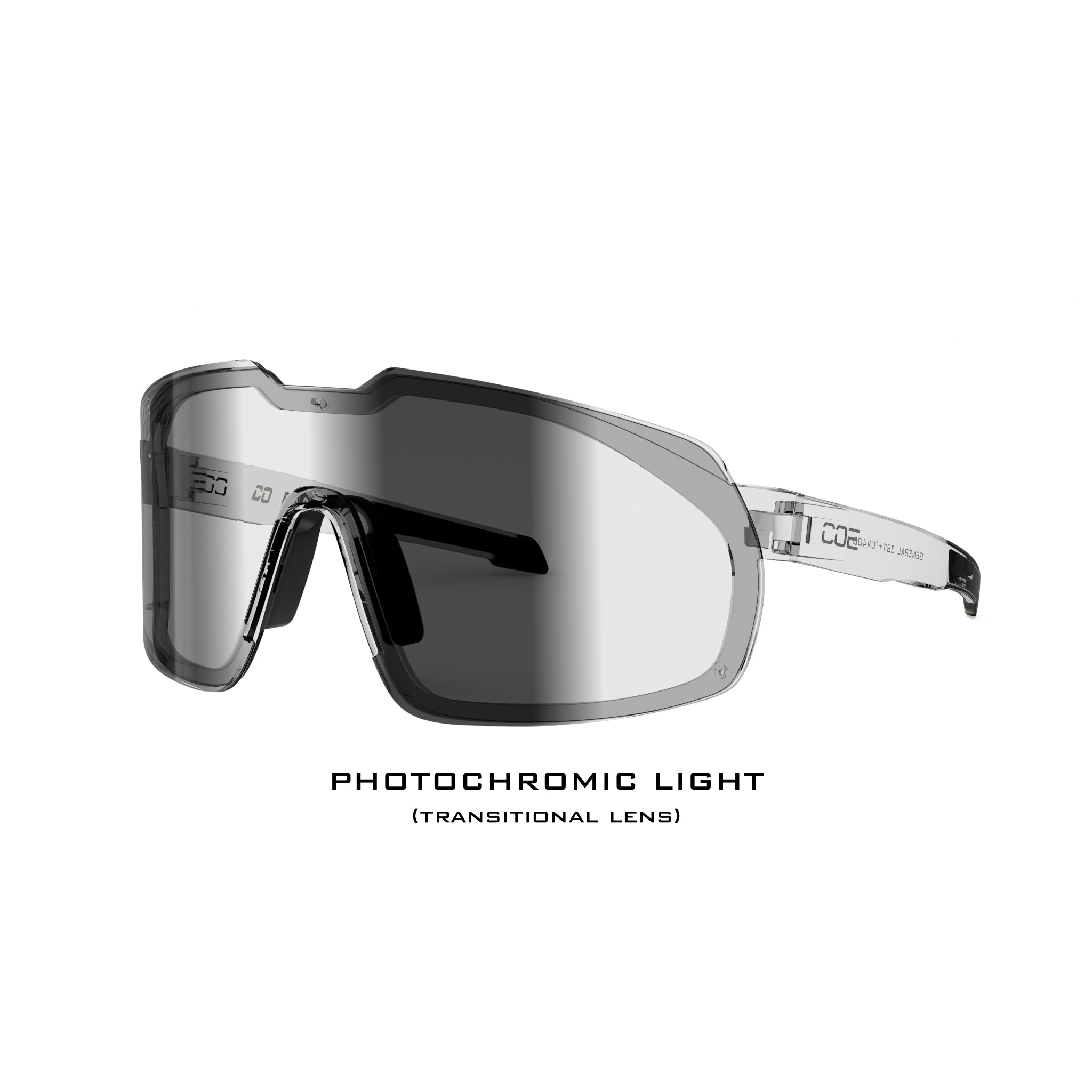 Co Eyewear General Z87+ safety glasses with a clear frame and dark photochromic transitional shield lens.