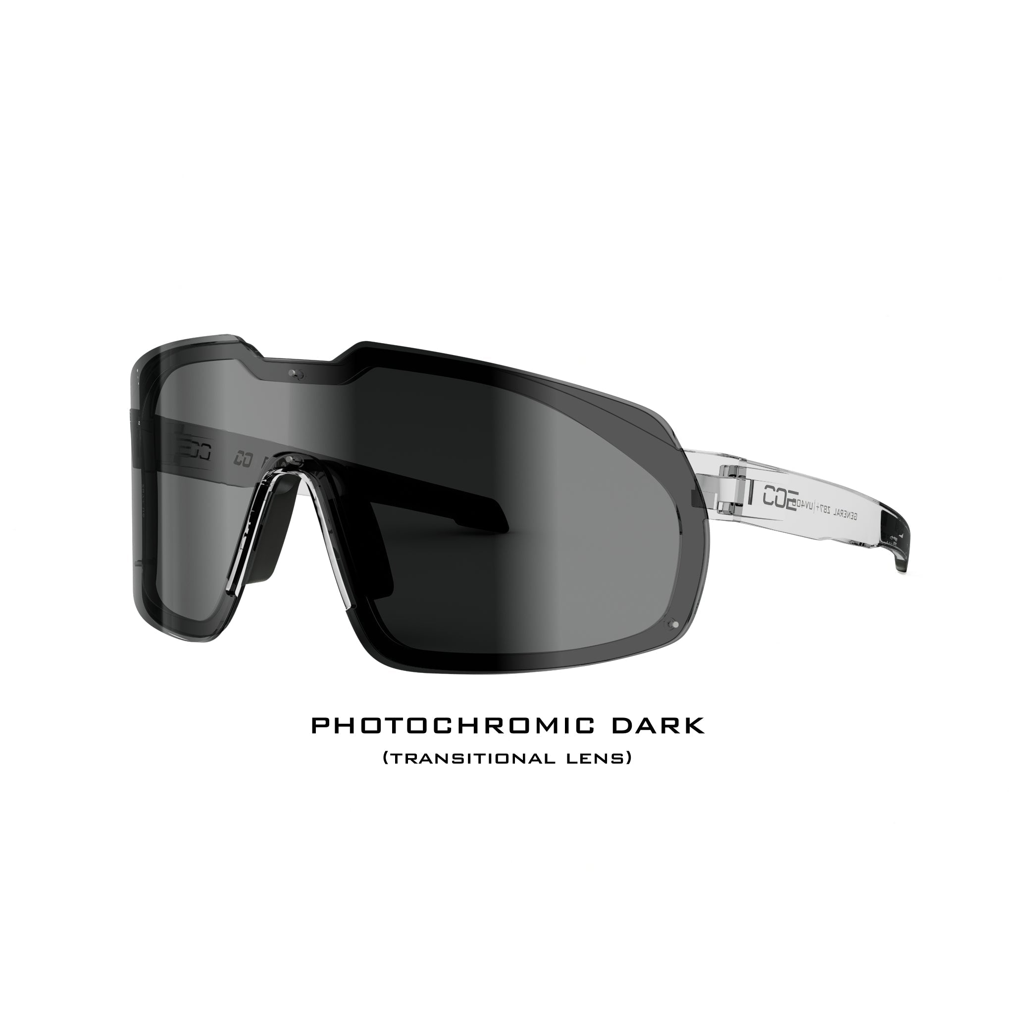 Co Eyewear General Z87+ safety glasses with matte black frame and dark photochromic transitional shield lens.
