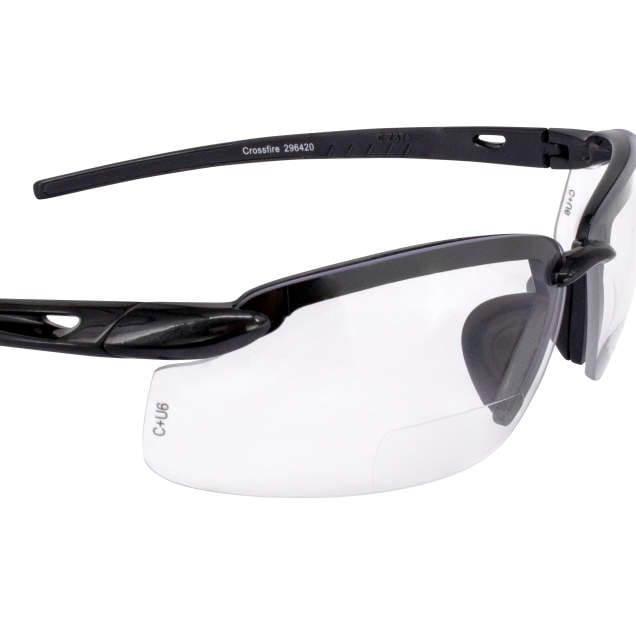 Crossfire ES5 Bifocal Safety Glasses with Pearl Gray Frame and Clear Lens Closeup View