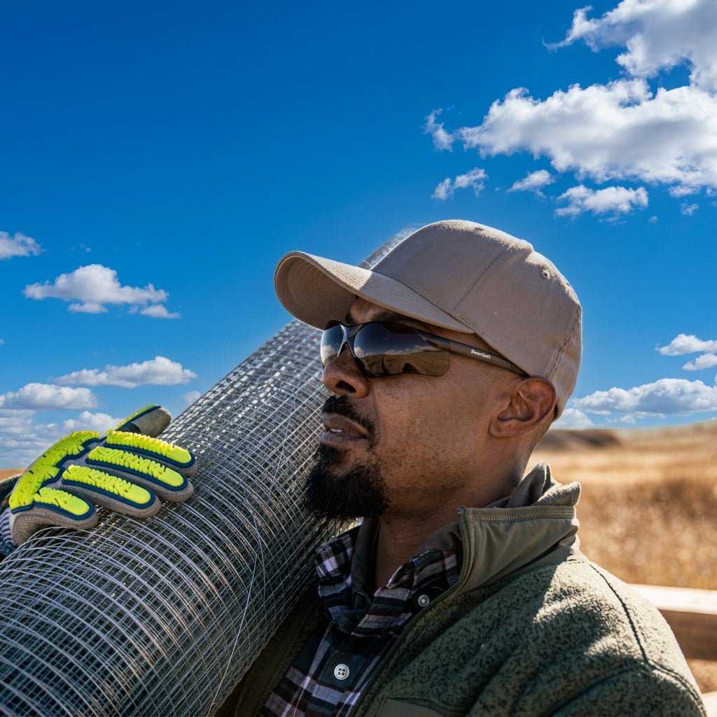 Worker wearing MCR Safety BearKat BK312 Safety Glasses while wearing a hat and carrying rolled fencing.