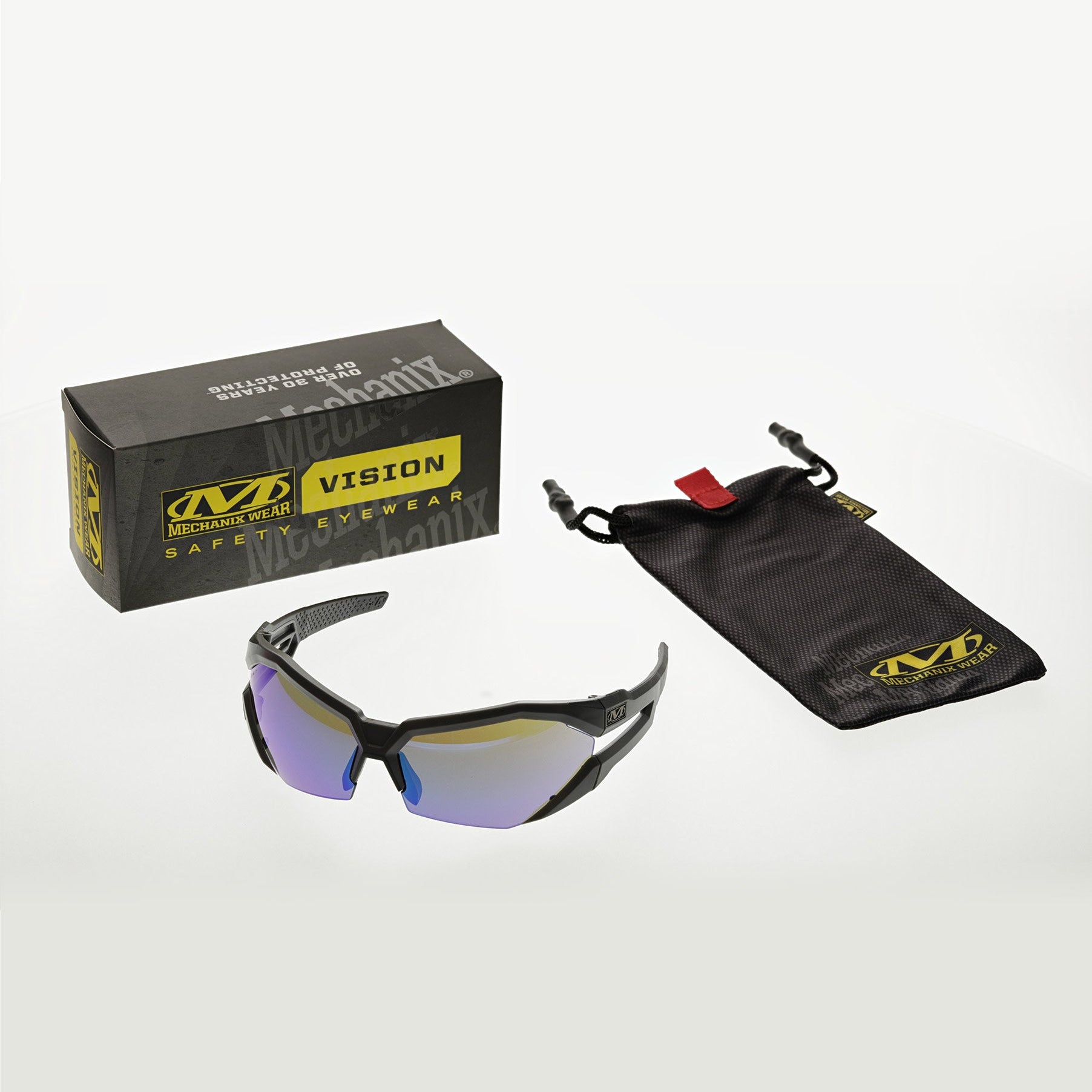 Mechanix Wear Type-V Safety Glasses VVS-22AH-BU with Grey Frame and Blue Diamond Mirror Anti-Fog Lenses Box Contents