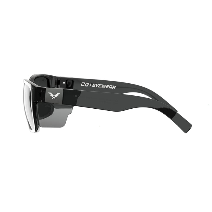 CO Eyewear Oiler Z87+ Safety Glasses with Gray Frame Left Temple with Removable Side Shields Installed