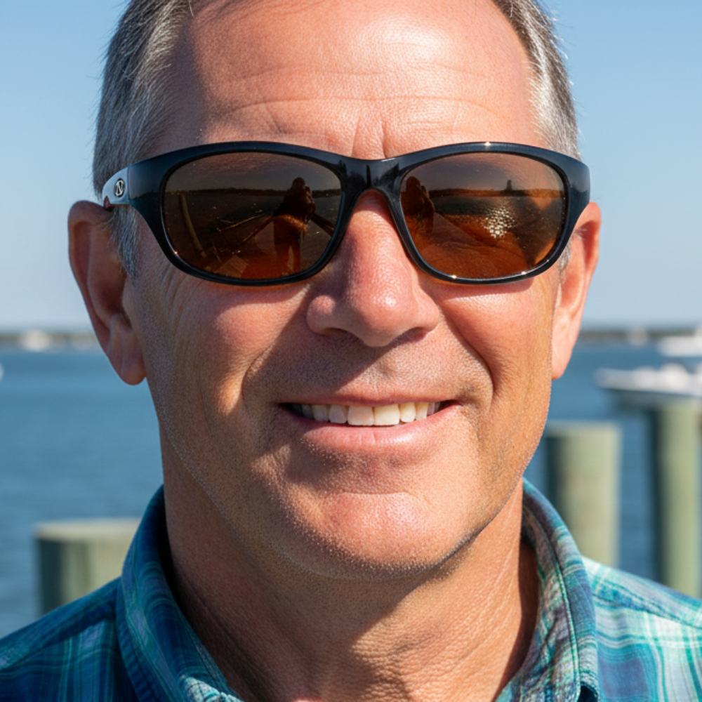 Man wearing sunglasses on a dock with water and sky in the background
