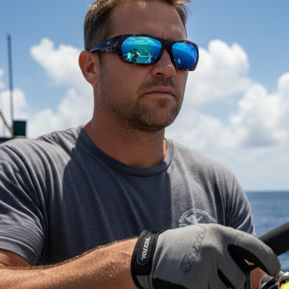 Man fishing on a boat with sunglasses and gray gloves, blue sky and ocean background