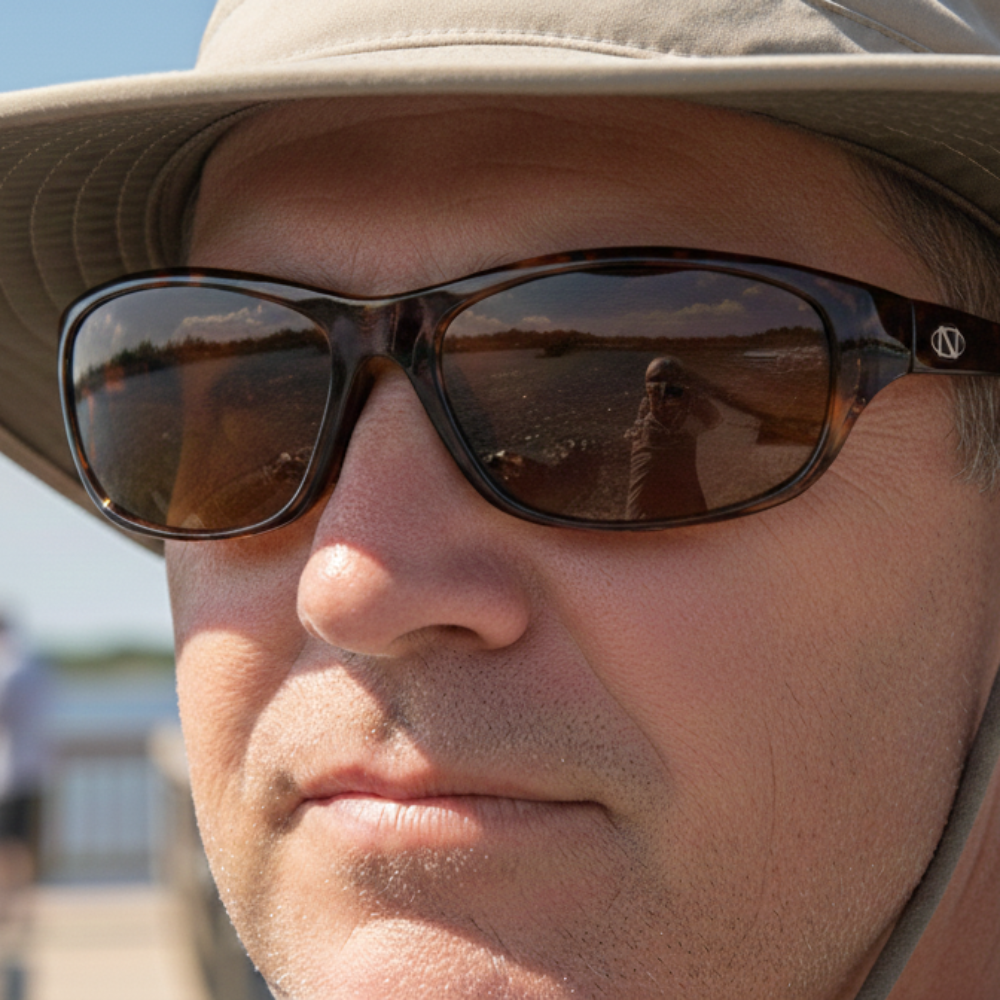 Man wearing a wide-brimmed hat and sunglasses with a blurred background of people on a dock.