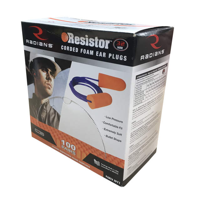 Radians FP71 Resistor Disposable Corded Foam Ear Plugs Made in USA Box of 100 Pairs
