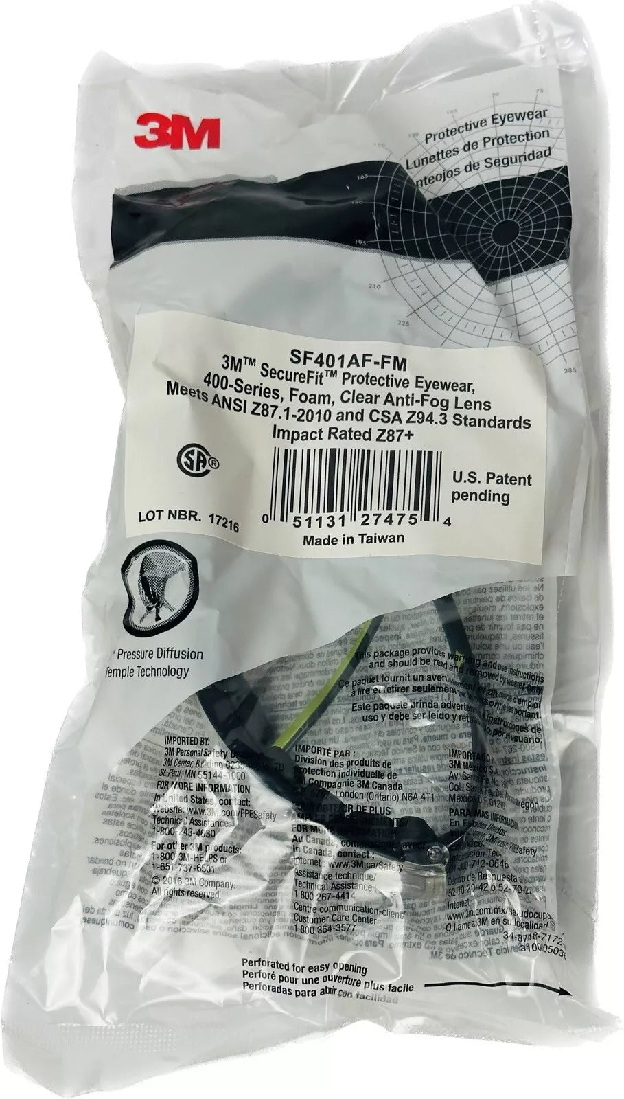 3M SecureFit Safety Glasses SF401AF-FM with Foam-Padding and Clear Anti-Fog Lenses Packaging