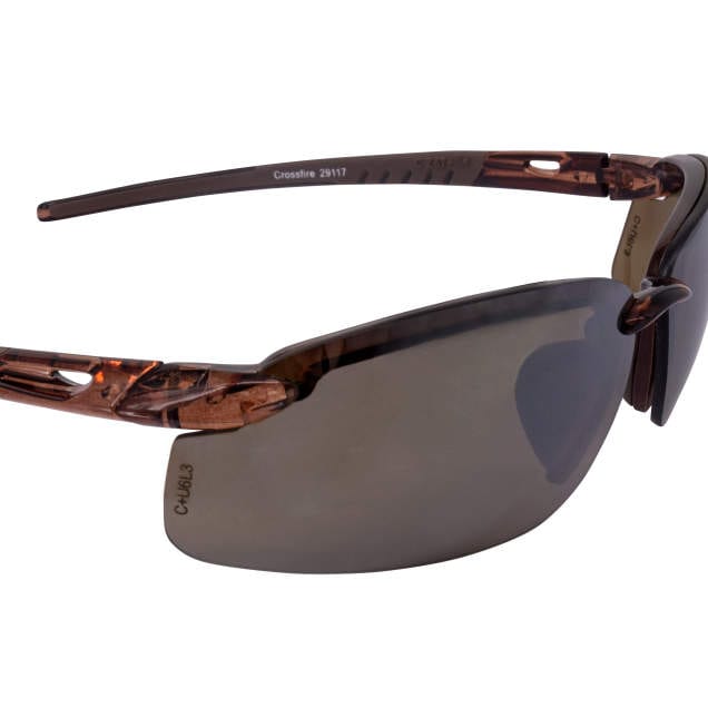 Crossfire ES5 Safety Glasses with Crystal Brown Frame and HD Brown Flash Mirror Lens closeup view