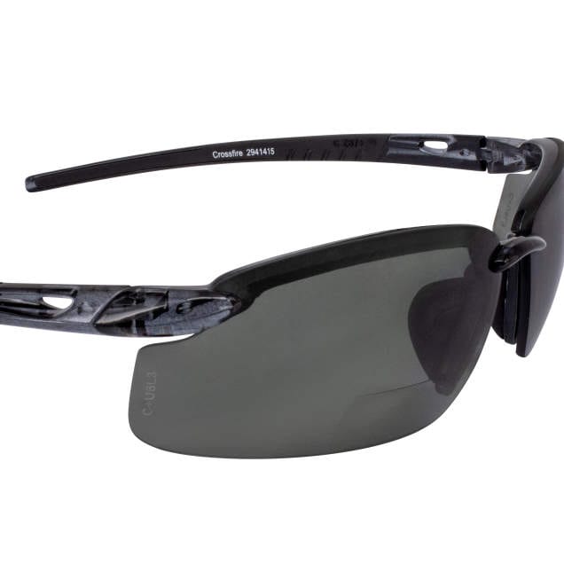 Crossfire ES5 Bifocal Safety Glasses with Crystal Black Frame and Polarized Smoke Lens Closeup View of Lens