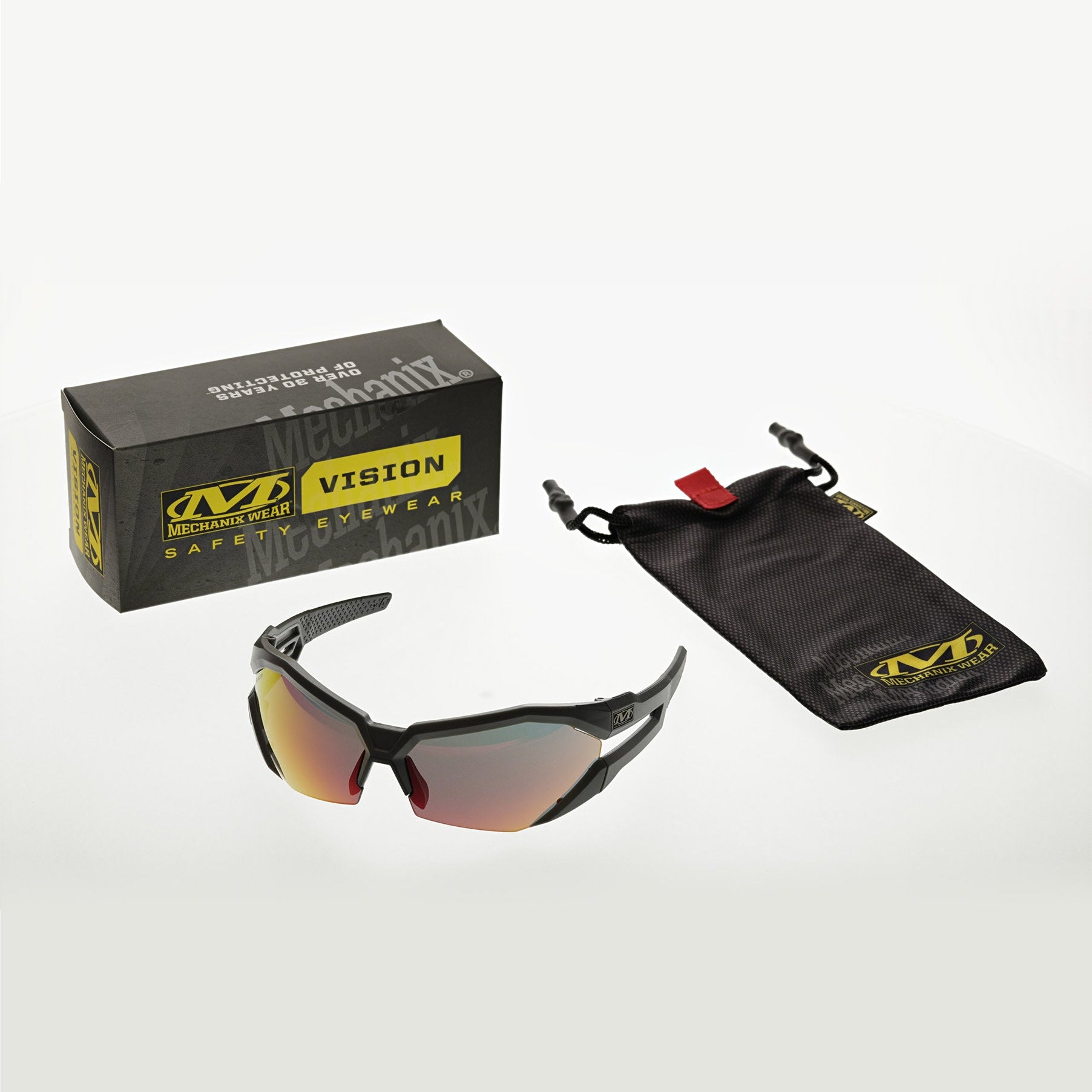 Mechanix Wear Type-V Safety Glasses VVS-21AH-BU with Grey Frame and Fire Mirror Anti-Fog Lenses Box Contents