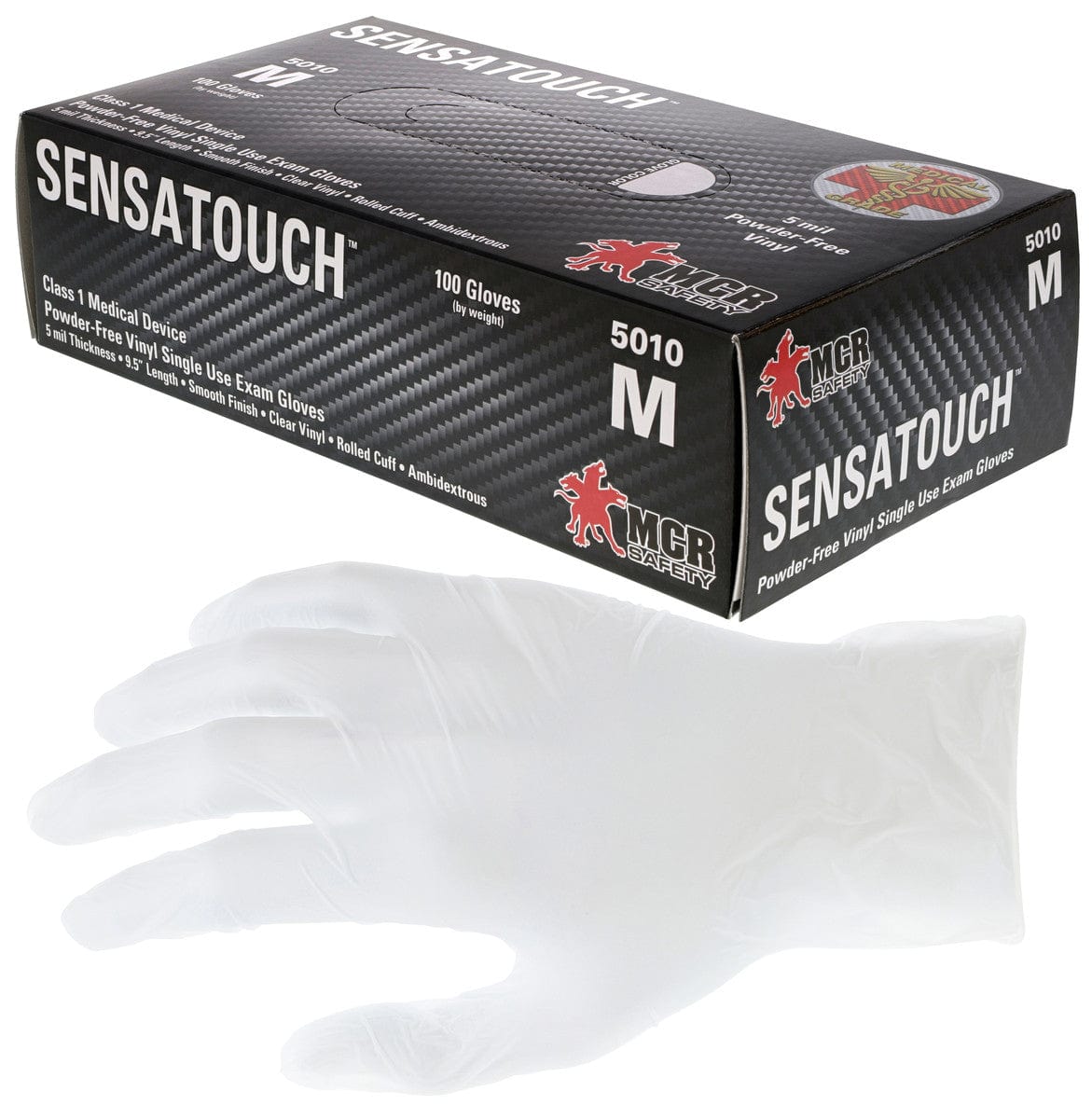 MCR Safety 5010 SensaTouch Disposable Gloves, Clear Vinyl, Medical Grade, Powder Free, 5-Mil Box 100