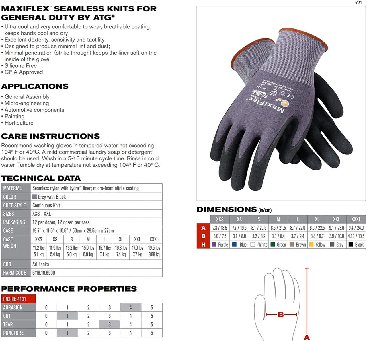 MaxiFlex 34-874 Ultimate Seamless Nitrile Grip Work Gloves Spec Sheet