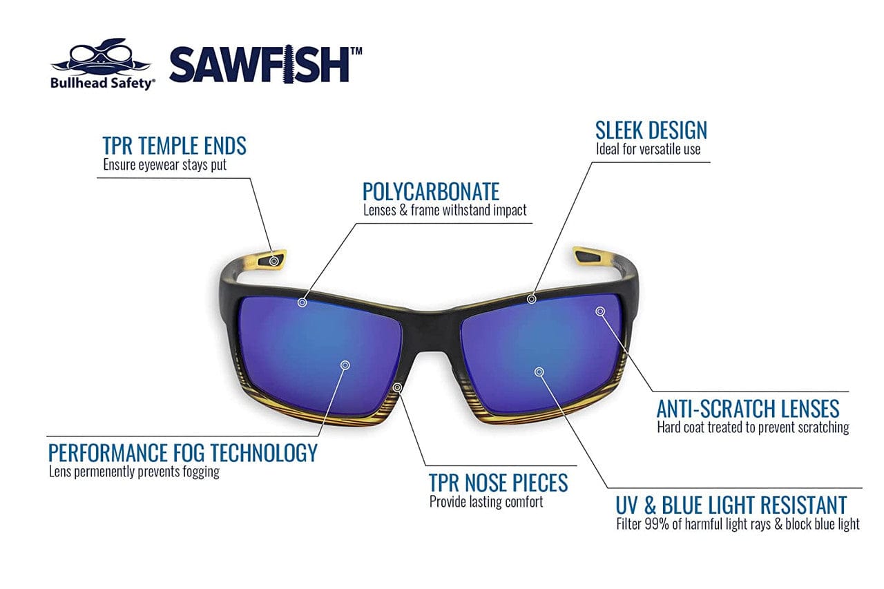 Bullhead Sawfish Safety Glasses Polarized Blue Mirror Anti-Fog Lens BH2679PFT Specs
