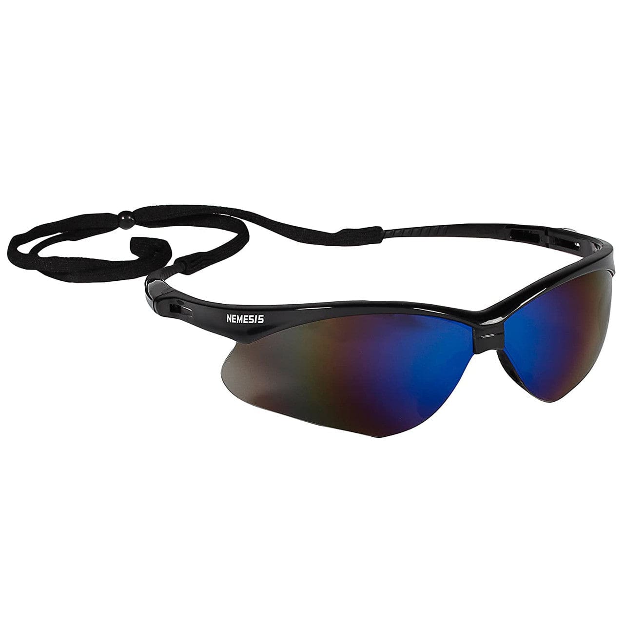KleenGuard V30 Nemesis Safety Glasses Black Frame with Blue Mirror Lens 14481 with neck cord