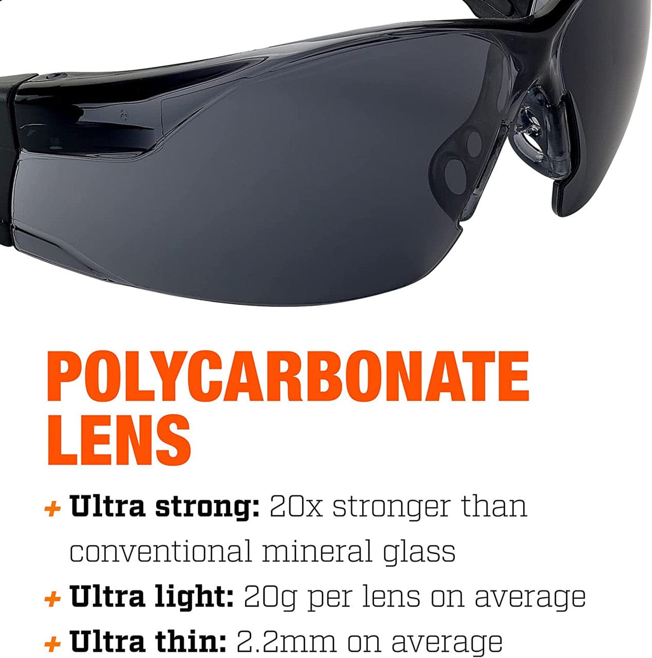 Bolle Rush Plus BSSI Ballistic Safety Glasses with Smoke Platinum Anti-Fog Lens Lens Material Info