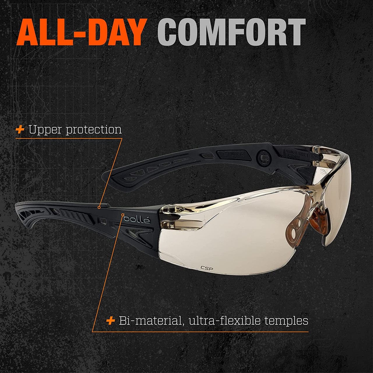 Bolle Rush Plus BSSI Ballistic Safety Glasses with CSP Platinum Anti-Fog Lens Frame Info