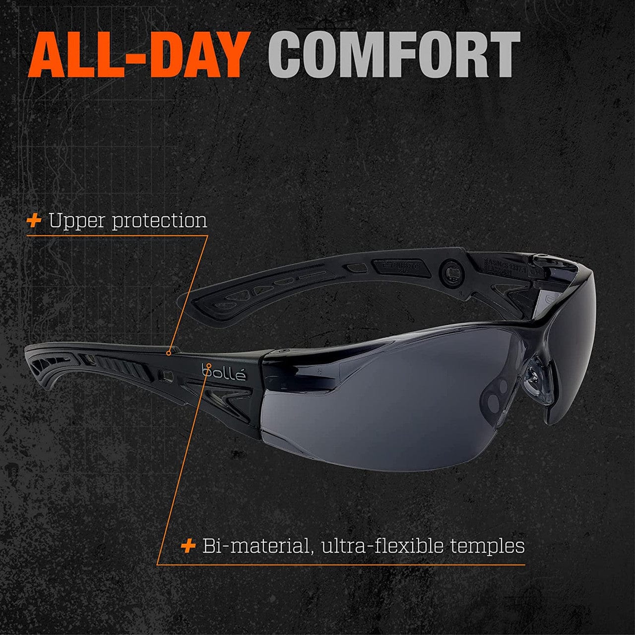 Bolle Rush Plus BSSI Ballistic Safety Glasses with Smoke Platinum Anti-Fog Lens Frame Info