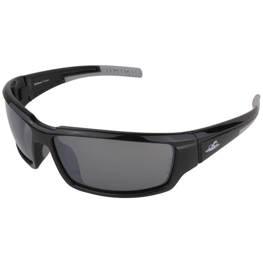 Bullhead Maki Safety Glasses with Shiny Black Frame and Polarized Silver Mirror Lens