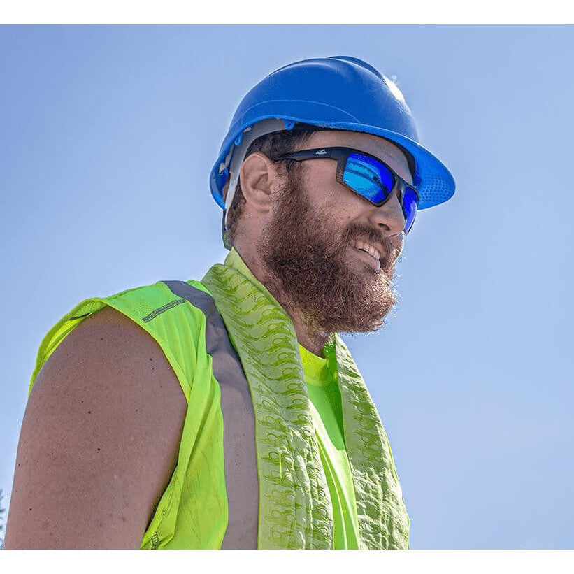 Bullhead Sawfish Safety Glasses with Tortoise Frame and Polarized Blue Mirror Anti-Fog Lens BH2679PFT - Man Wearing Bullhead Sawfish1